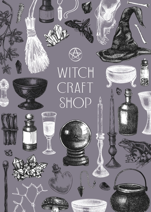 Witch party invitation design. Bohemian style witchcraft background. Vinatge Halloween sketches. Hand-drawn vector illustration. NOT AI generated